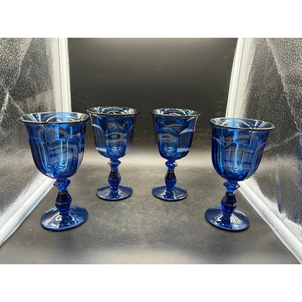 Vintage Cobalt Blue Glass Water Goblets Set of 4 Paneled Stemware 7 Inch